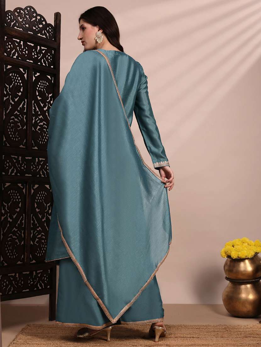 globus women blue long sleeves round neck sequinned & zari embroidery work kurta with wide leg palazzos & dupatta festive set - 22263491 -  Standard Image - 2