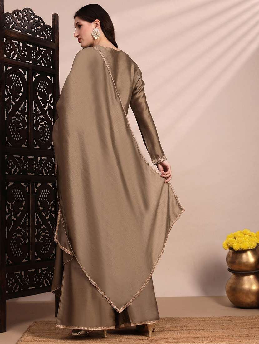 globus women taupe long sleeves round neck sequinned & zari embroidery work kurta with wide leg palazzos & dupatta festive set - 22263492 -  Standard Image - 2