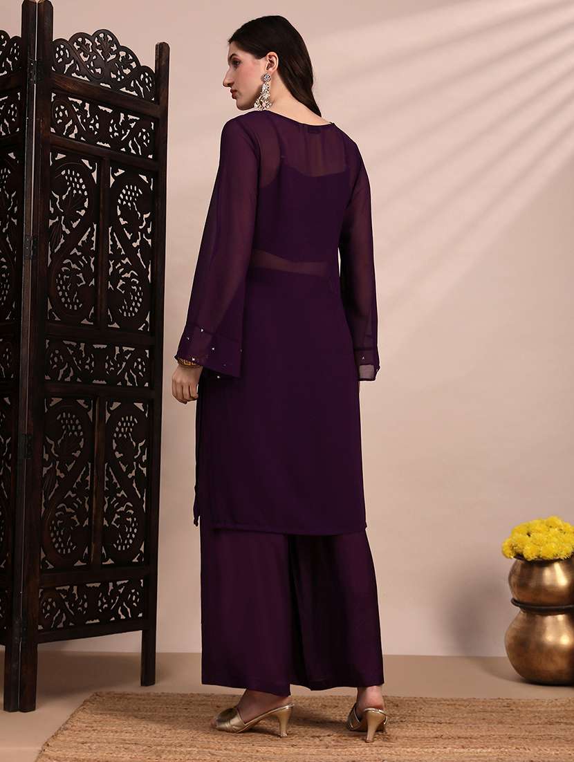 globus women purple v-neck bell sleeves sequin embellished detail kurta with crop top & wide leg trouser festive set - 22263497 -  Standard Image - 2
