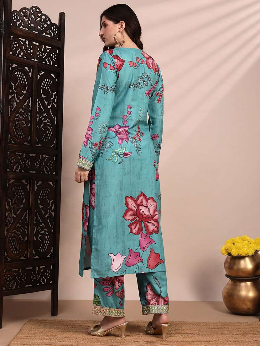 globus women teal floral printed round neck mirror work sequin embroidered straight kurta & pant festive set - 22263499 -  Standard Image - 2