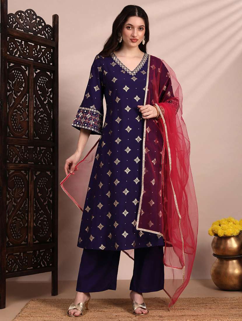 globus women purple ethnic motifs foil print bell sleeves v-neck embroidered a-line kurta with pant & net dupatta festive set