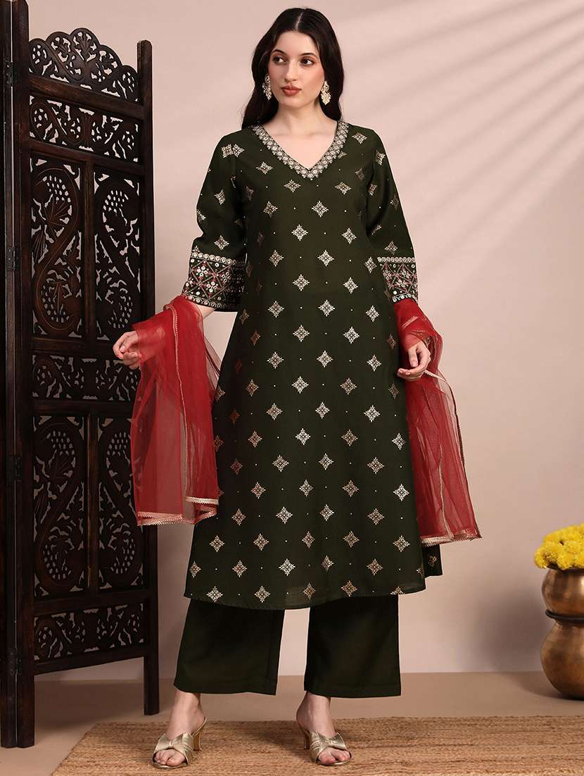 globus women olive ethnic motifs foil print bell sleeves v-neck embroidered a-line kurta with pant & net dupatta festive set