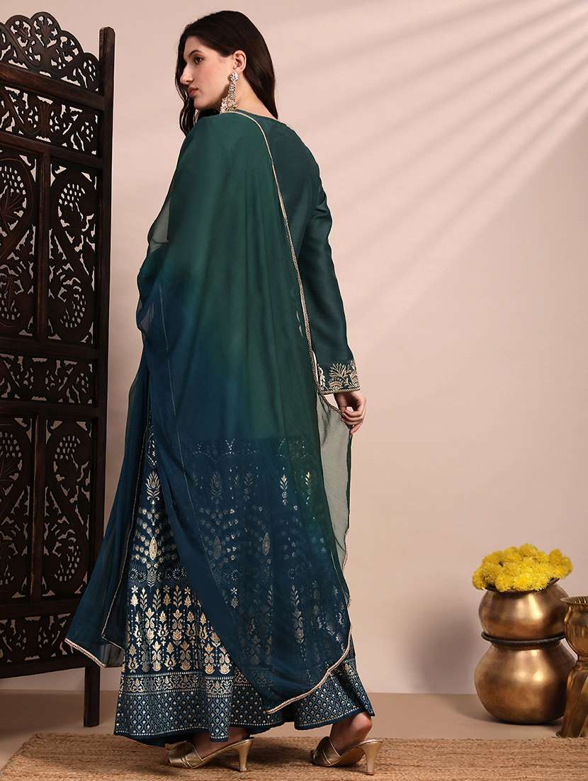globus women green zari embroidered yoke round neck short kurta with allover foil printed sharara & ombre dupatta festive set - 22263502 -  Standard Image - 2