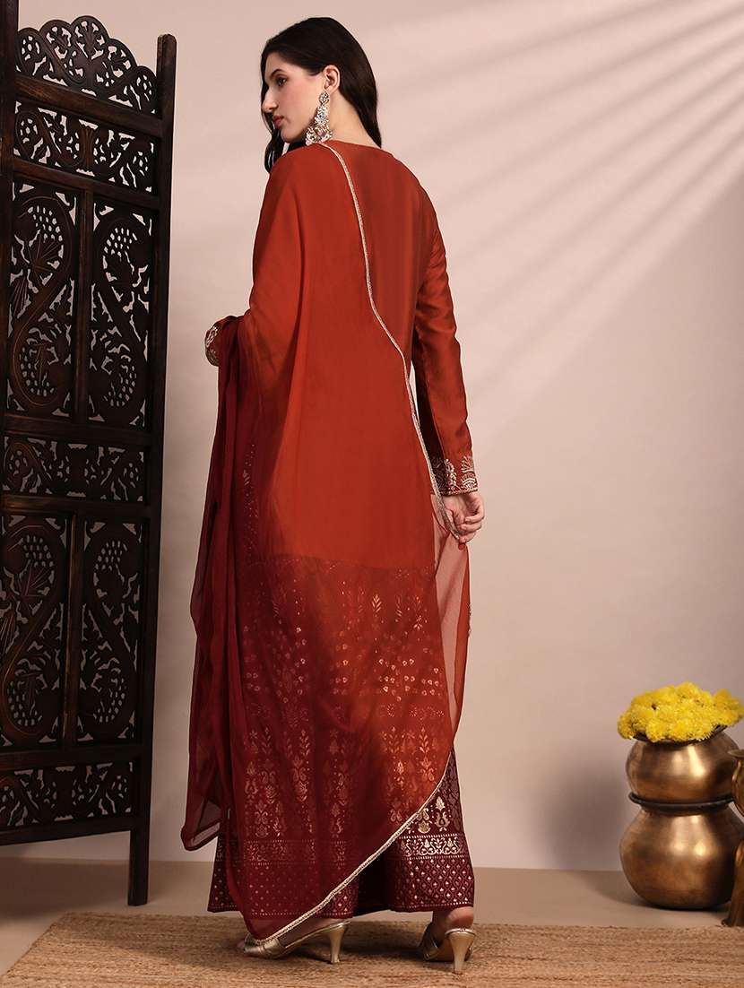 globus women orange zari embroidered yoke round neck short kurta with allover foil printed sharara & ombre dupatta festive set - 22263503 -  Standard Image - 2