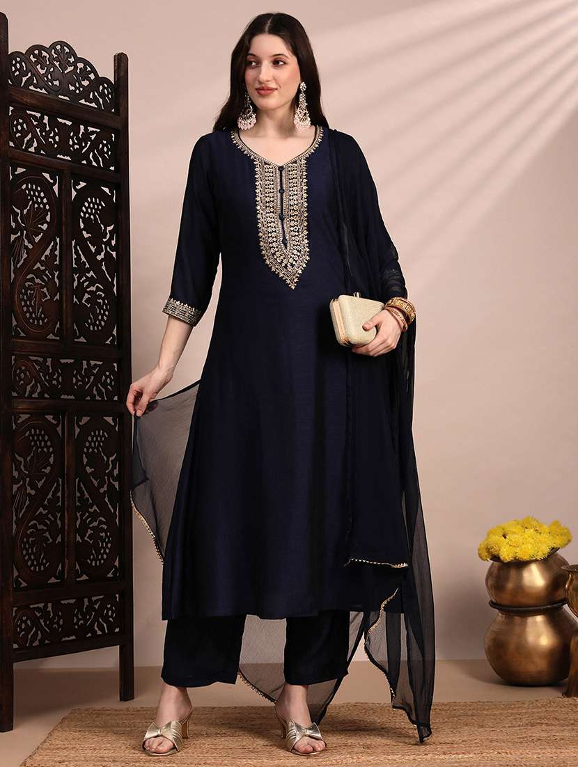globus women blue v-neck sequin & zari embroidered yoke a-line kurta with pant & dupatta festive set