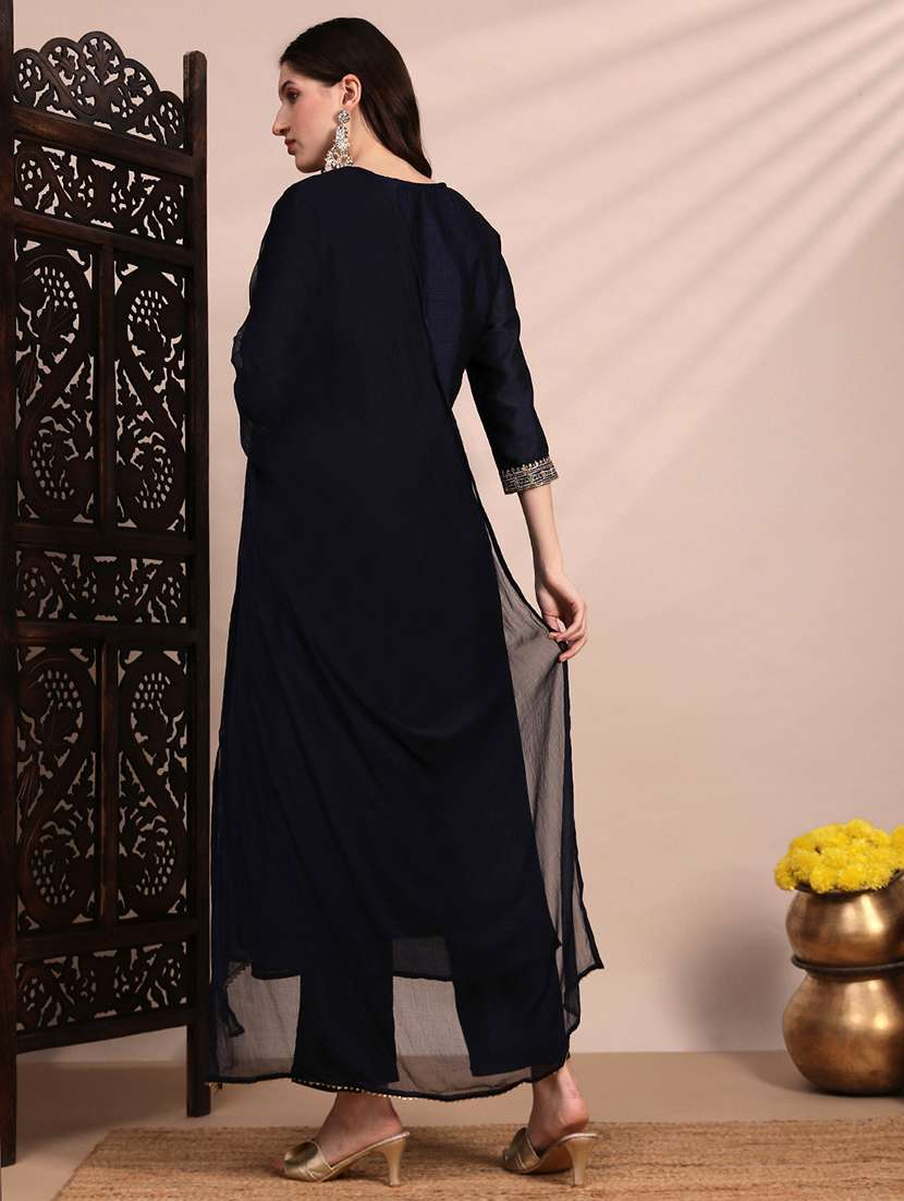 Globus Women Blue V-neck Sequin & Zari Embroidered Yoke A-line Kurta With Pant & Dupatta Festive Set - 22263507 -  Standard Image - 2