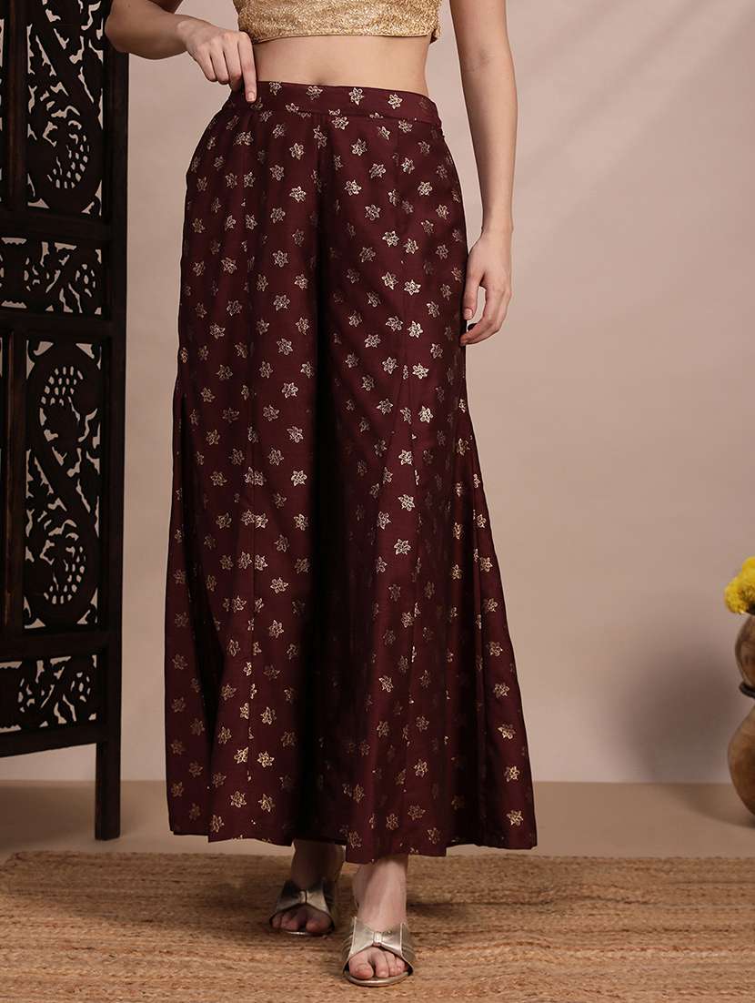 women foil print high rise flared palazzo