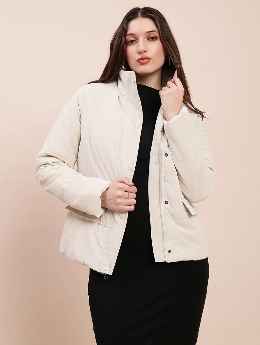 globus women off-white high neck long sleeves front zip 2 pockets winterwear puffer jacket