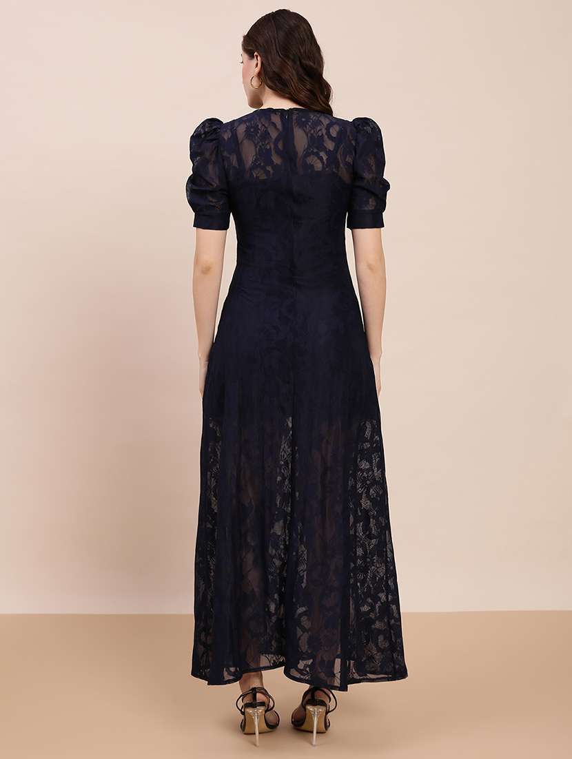 globus women navy blue round neck puff sleeves floral lace detail a-line maxi party dress - 22263511 -  Standard Image - 2