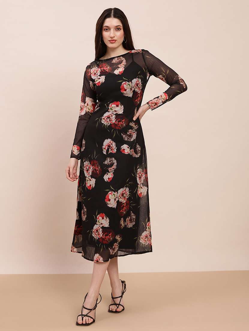 women floral print long sleeve a-line dress