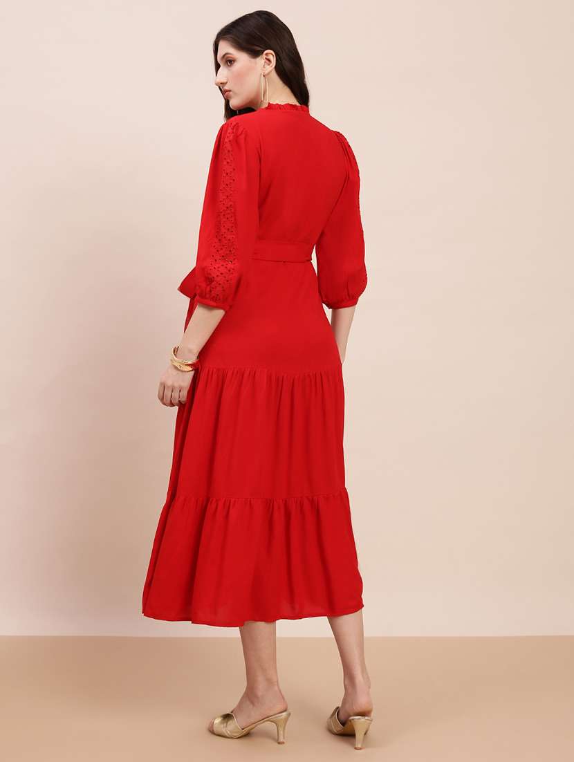 globus women red v-neck bishop sleeves solid schiffli detail tiered midi a-line party dress with belt - 22263514 -  Standard Image - 2