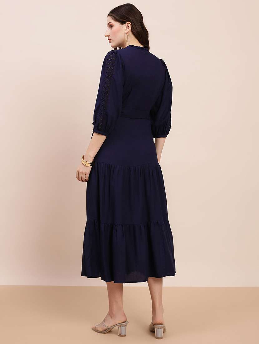 globus women blue v-neck bishop sleeves solid schiffli detail tiered midi a-line party dress with belt - 22263515 -  Standard Image - 2