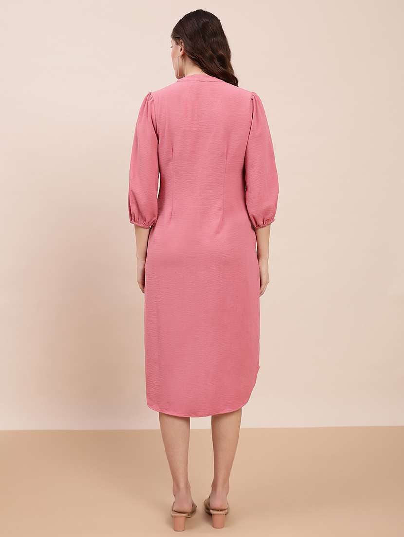 globus women pink v-neck pleated detail bishop sleeve curved hem midi shirt style dress - 22263516 -  Standard Image - 2
