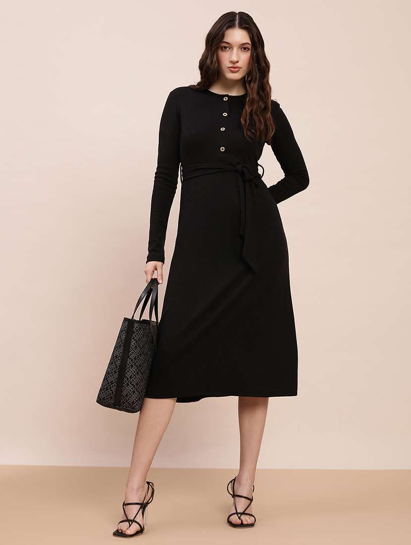 globus women black self-design rib round neck long sleeves belted a-line midi dress