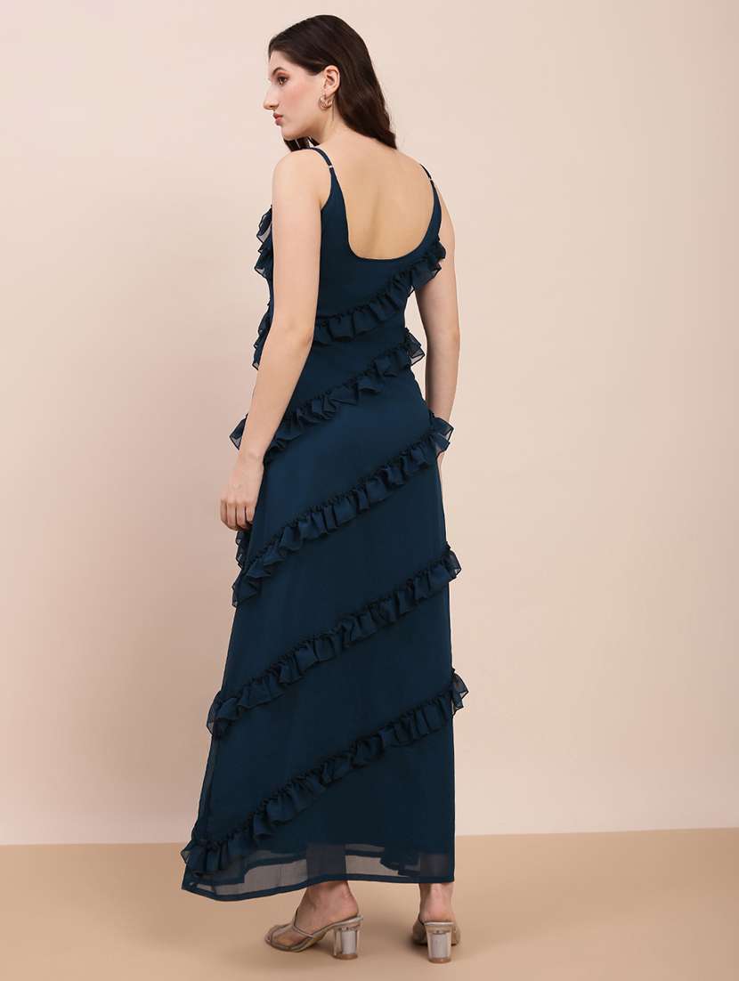 globus women teal scoop neck strappy sleeves ruffle detail georgette a-line maxi party dress - 22263523 -  Standard Image - 2