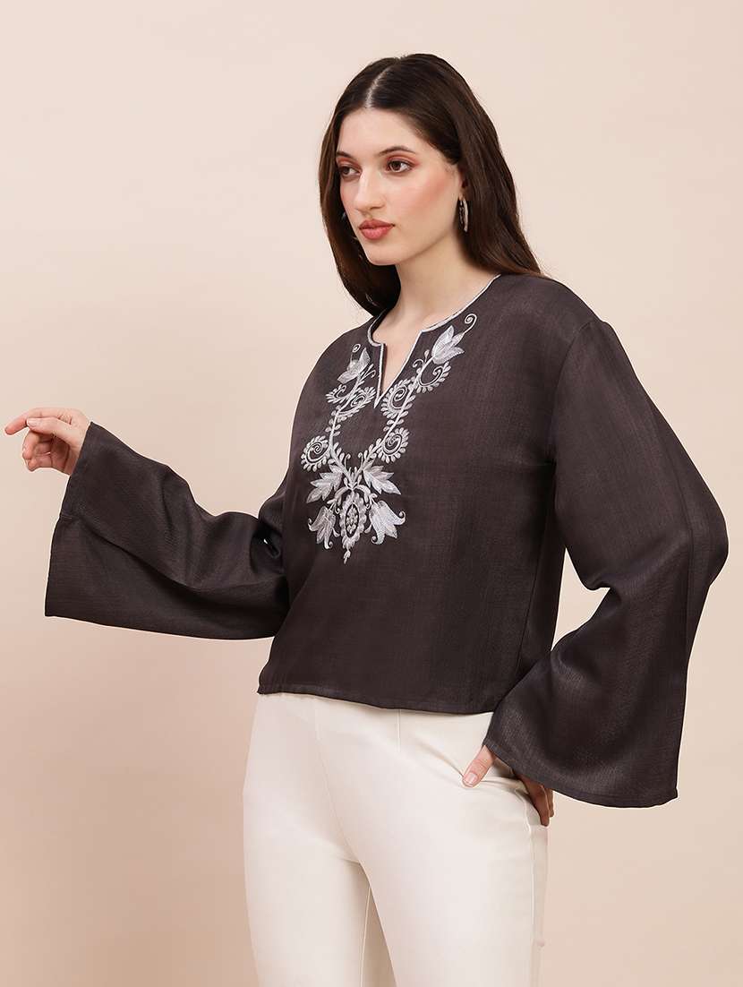 globus women grey embroidered v-neck bell sleeves top - 22263526 -  Standard Image - 2