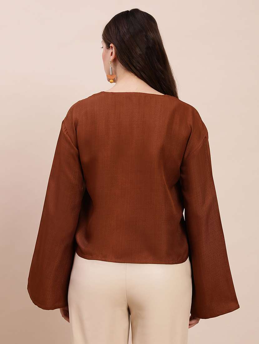 globus women brown embroidered v-neck bell sleeves top - 22263527 -  Standard Image - 2