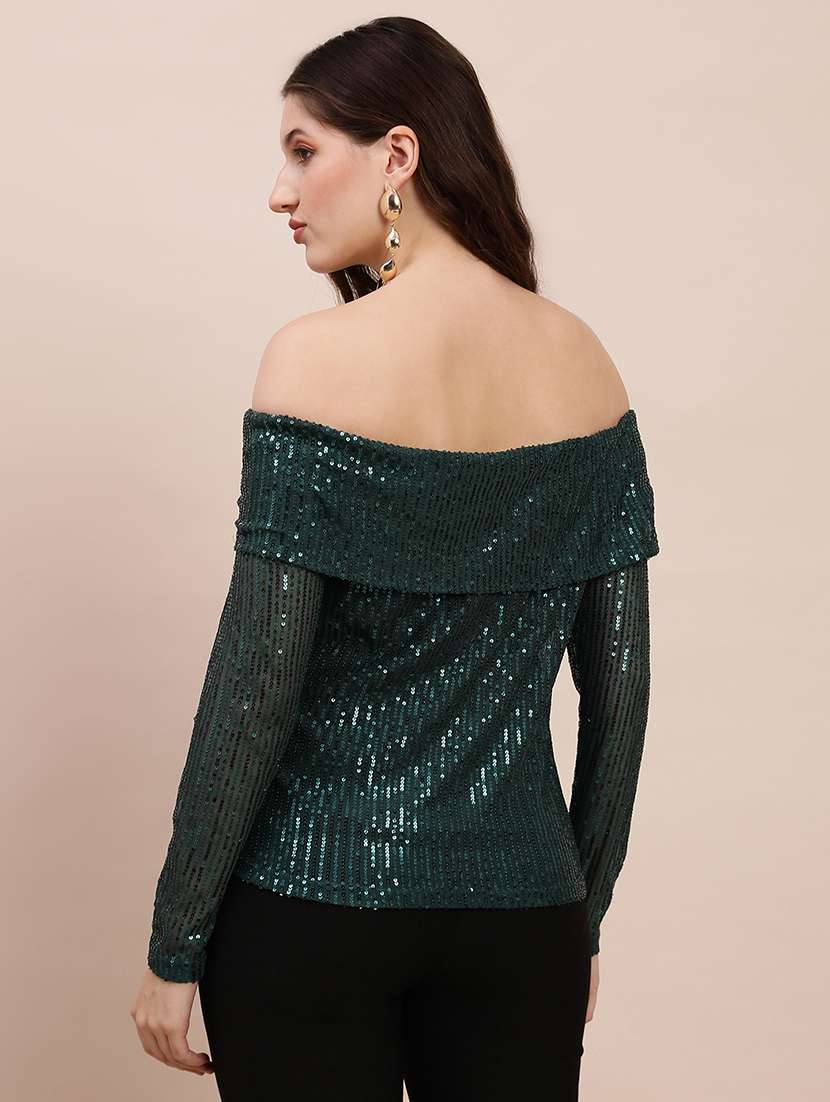 globus women green off shoulder long sleeves sequinned party top - 22263533 -  Standard Image - 2