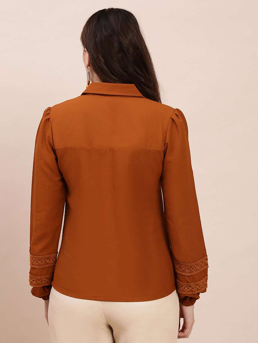 globus women brown collared neck bishop sleeves lace inserts shirt style workwear top - 22263534 -  Standard Image - 2