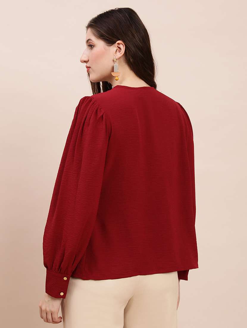 women solid overlap neck puff sleeve regular top - 22263535 -  Standard Image - 2