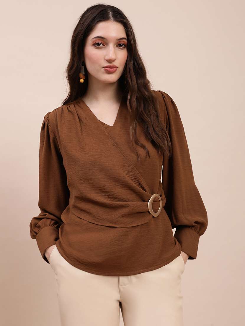 globus women brown v-neck cuff sleeves self design buckle detail workwear top