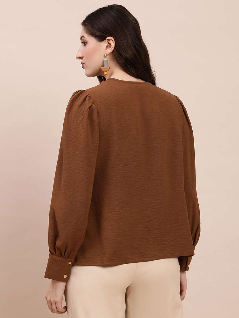 globus women brown v-neck cuff sleeves self design buckle detail workwear top - 22263536 -  Standard Image - 2