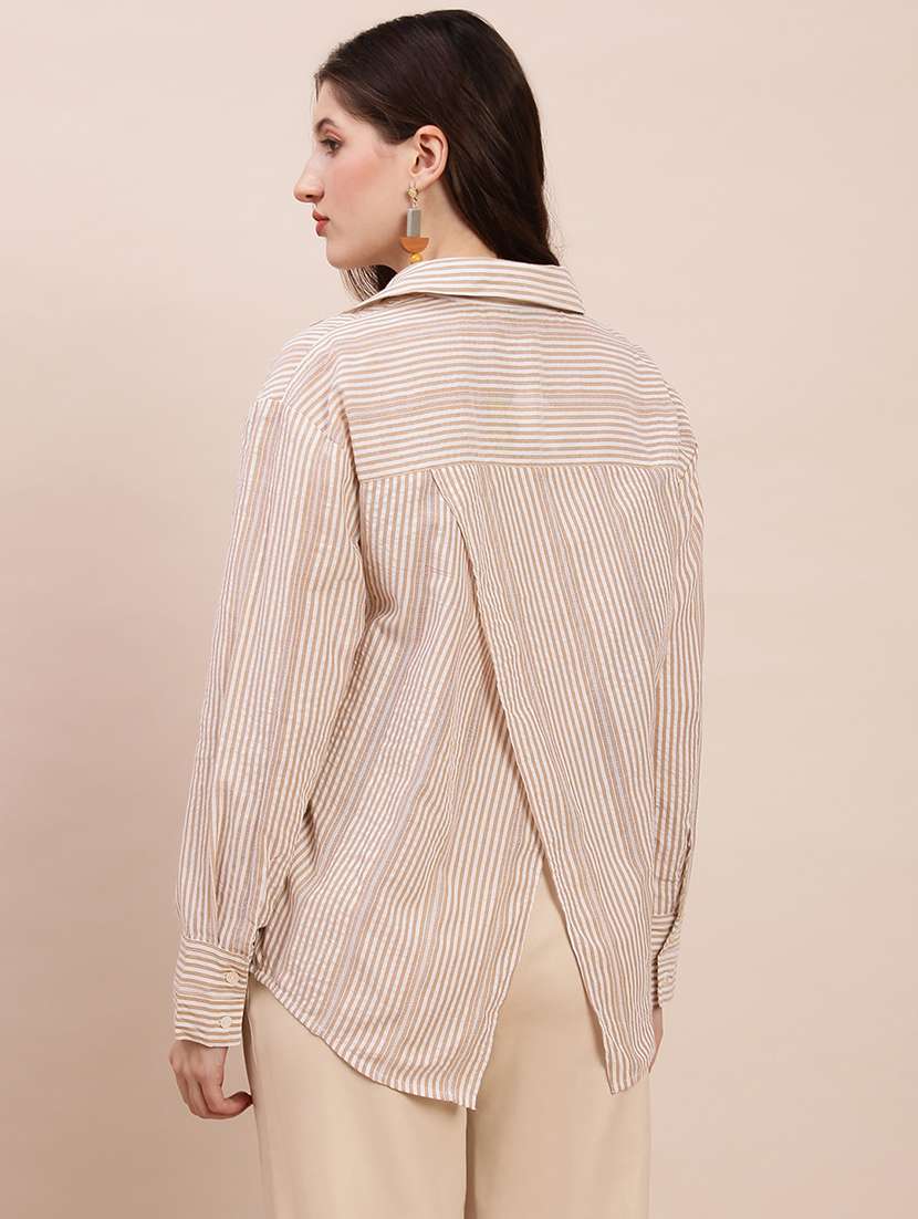 globus women brown collared neck cuffed sleeves striped asymmetric back hem oversized shirt - 22263538 -  Standard Image - 2
