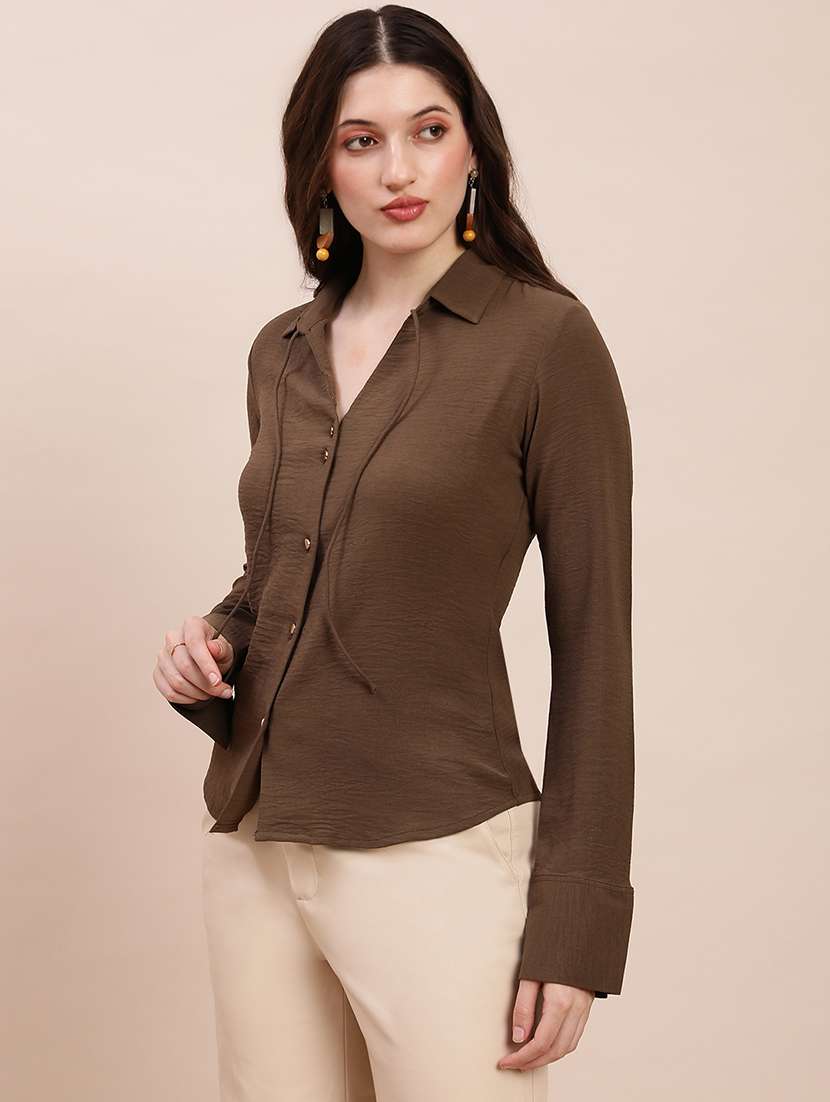 women solid collared long sleeve shirt - 22263544 -  Standard Image - 2
