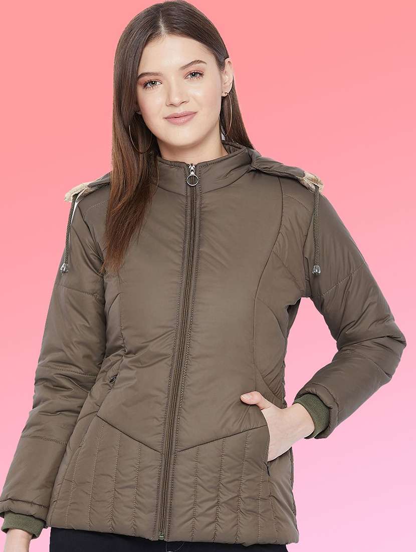 women solid long sleeve hooded quilted jacket