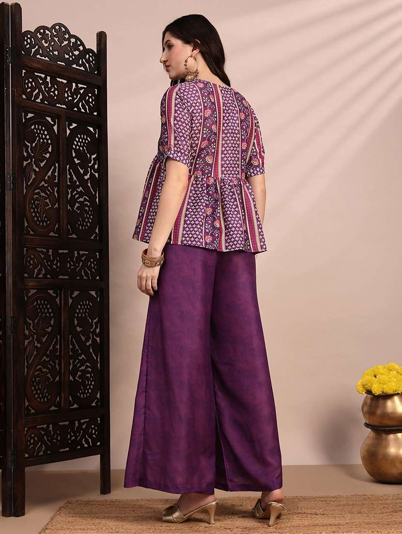globus women purple ethnic print v-neck gathered detail tunic & mid rise wide leg trouser fusion co-ord set - 22263859 -  Standard Image - 2