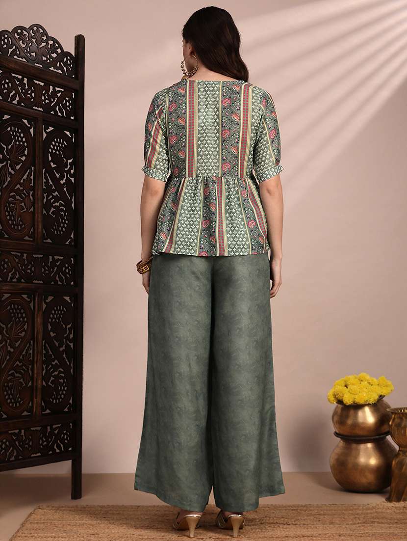 globus women green ethnic print v-neck gathered detail tunic & mid rise wide leg trouser fusion co-ord set - 22263860 -  Standard Image - 2