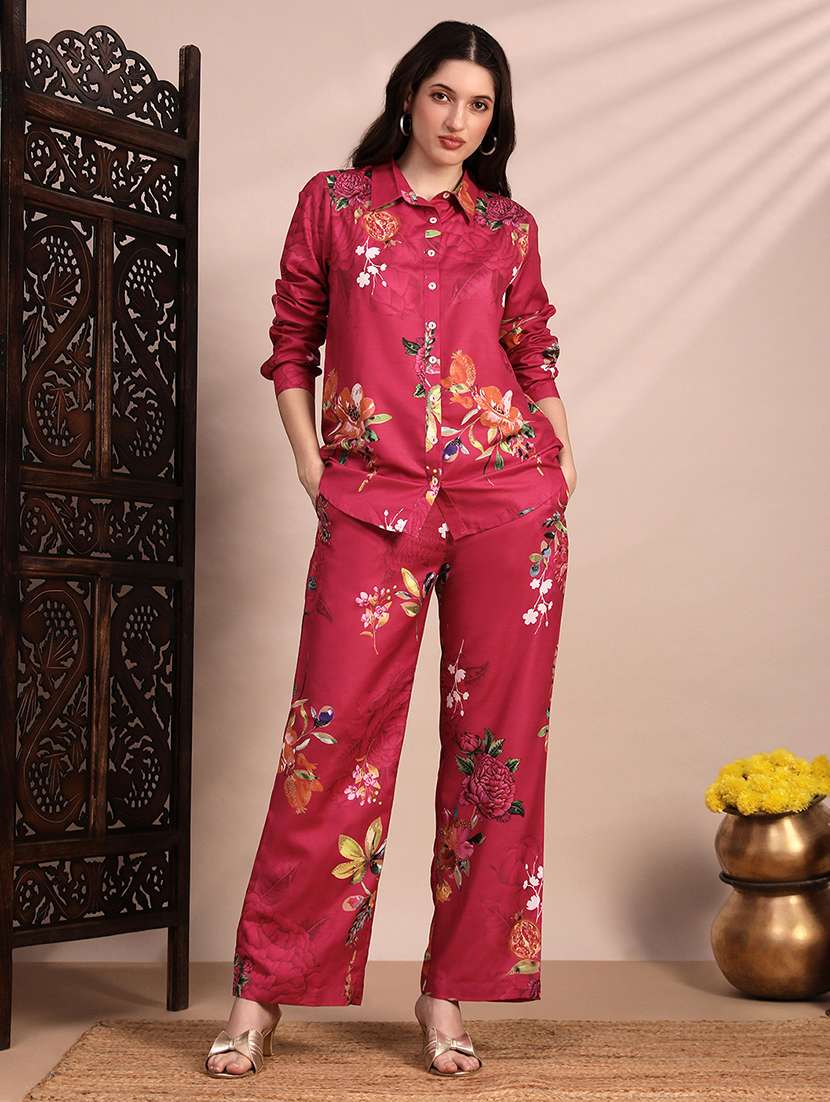globus women pink allover floral collared neck cuff sleeves shirt & mid rise trouser fusion co-ord set