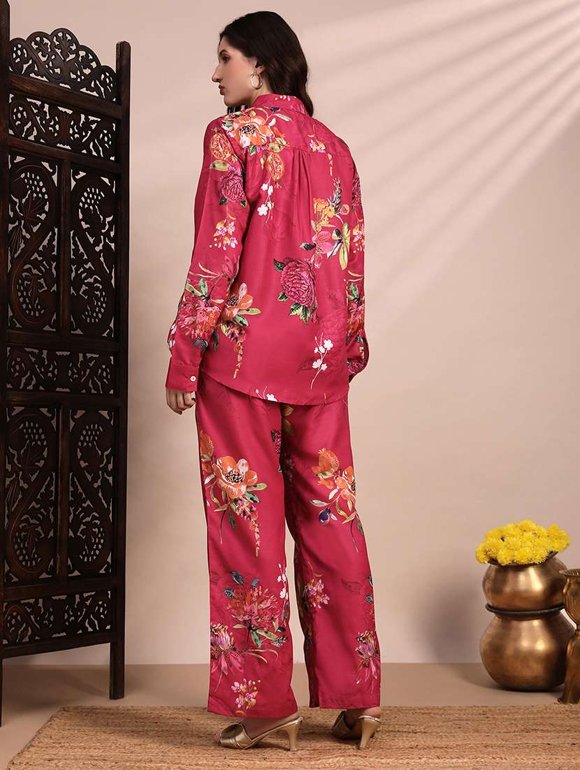 globus women pink allover floral collared neck cuff sleeves shirt & mid rise trouser fusion co-ord set - 22263861 -  Standard Image - 2