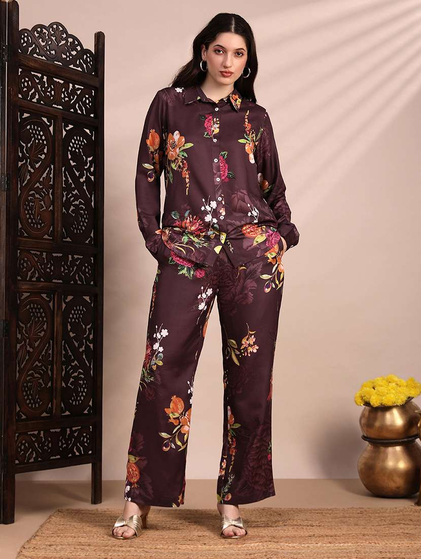 globus women brown allover floral collared neck cuff sleeves shirt & mid rise trouser fusion co-ord set