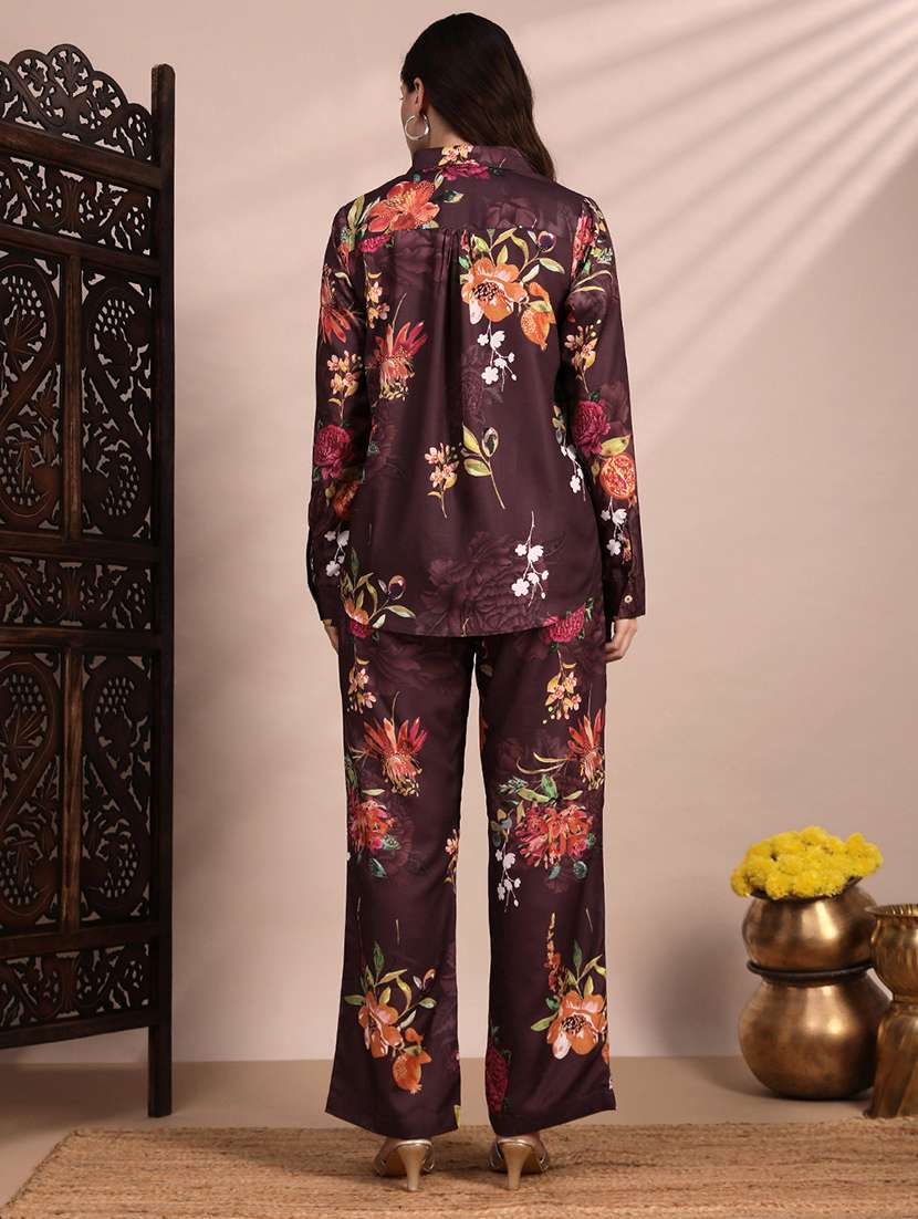 globus women brown allover floral collared neck cuff sleeves shirt & mid rise trouser fusion co-ord set - 22263862 -  Standard Image - 2