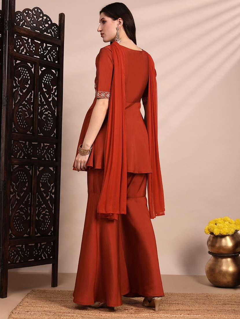 women solid with work short sleeve kurta sharara with dupatta set - 22263864 -  Standard Image - 2