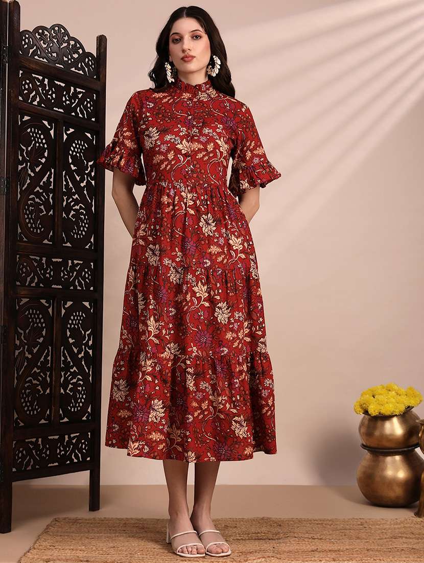 globus women red high neck flounce hem sleeves floral print tiered midi a-line fusion dress