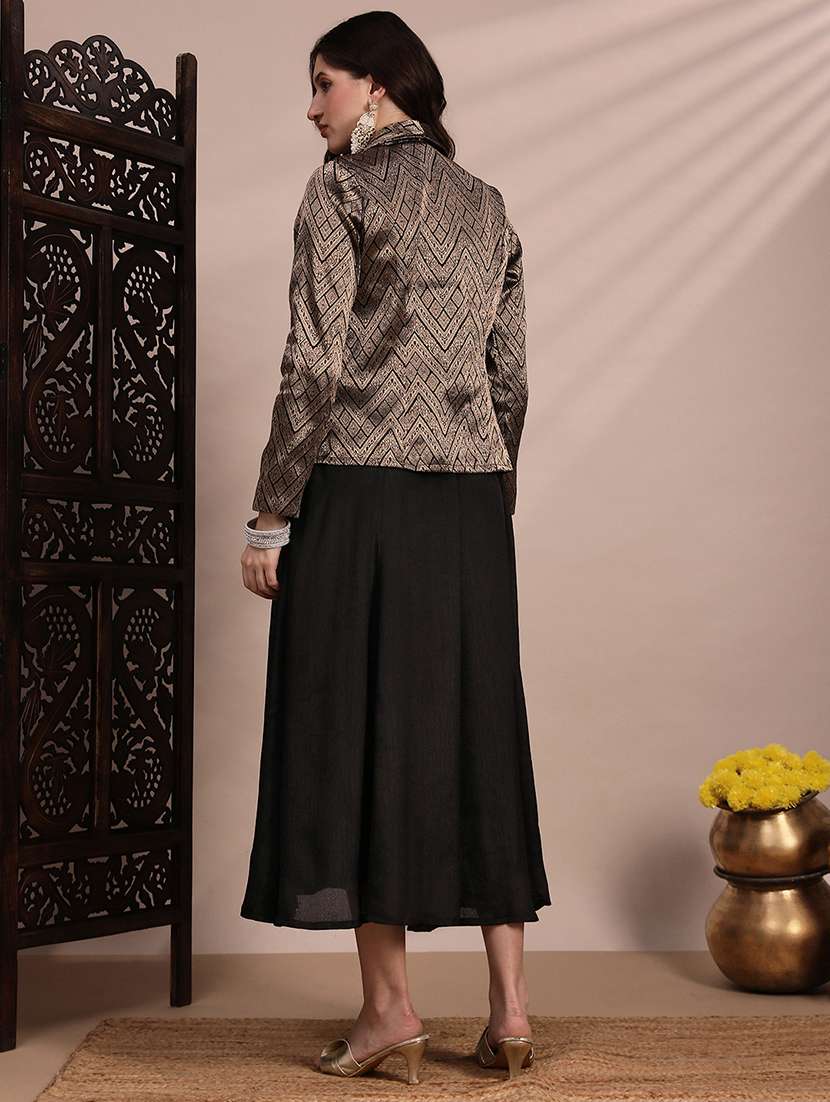 globus women black panelled fit & flare midi dress with shawl lapel self design festive brocade blazer - 22263867 -  Standard Image - 2