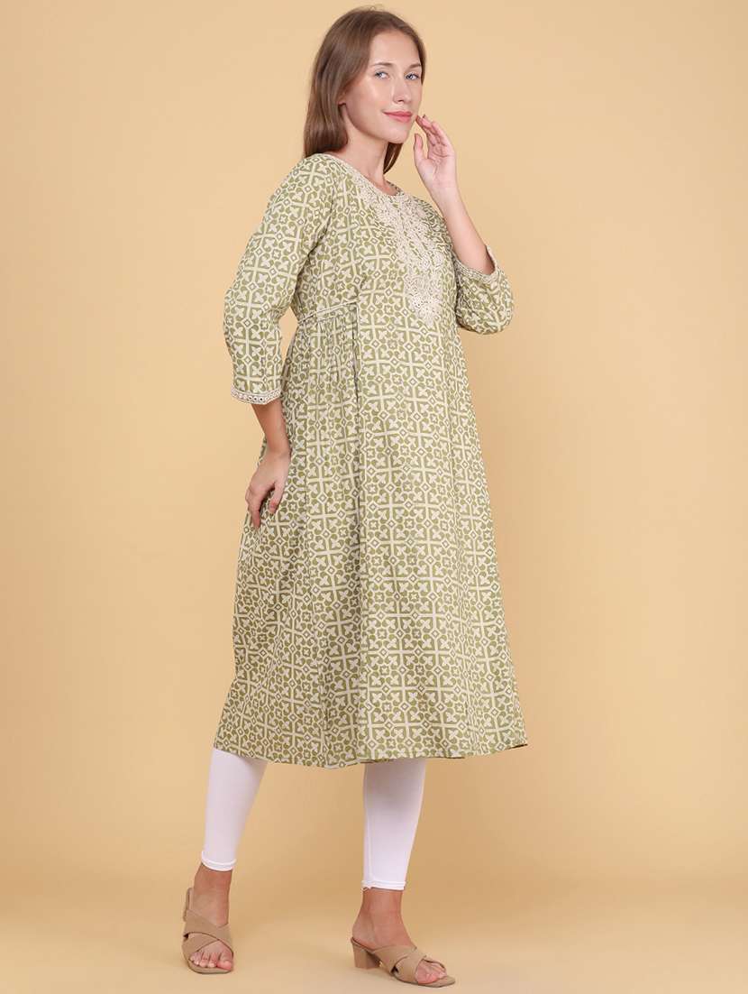 women printed three quarter sleeves a-line kurta - 22264124 -  Standard Image - 2