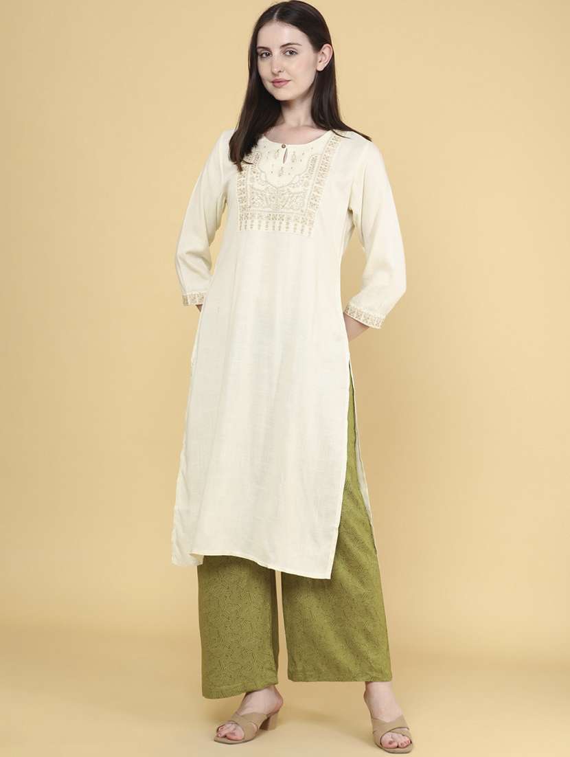 women solid with work three quarter sleeve kurta - 22264128 -  Standard Image - 2