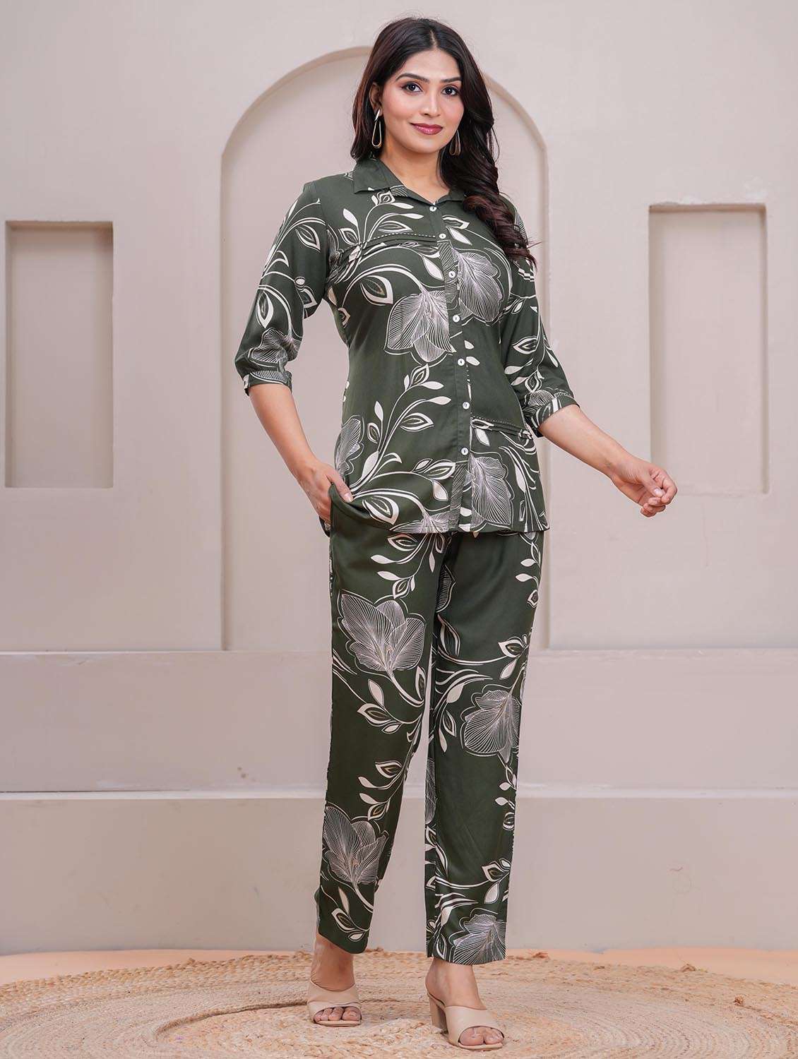 women floral three quarter sleeve shirt & trouser co-ord set - 22265081 -  Standard Image - 2
