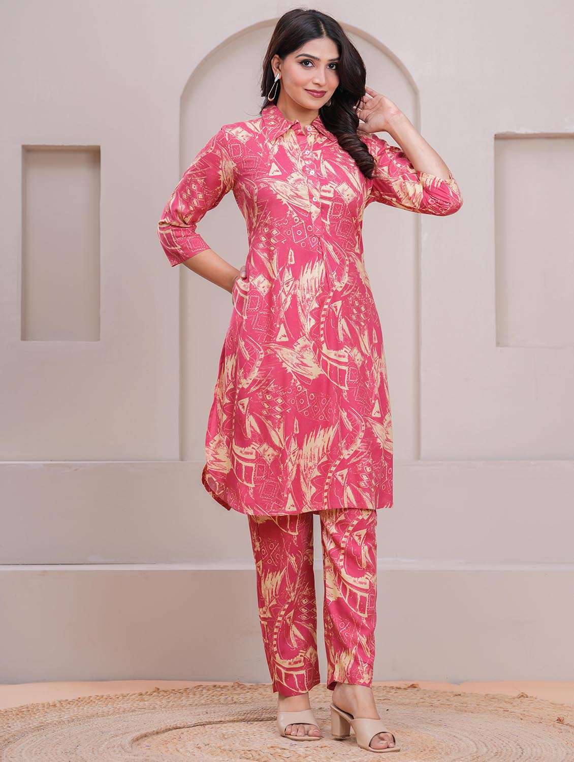 women printed three quarter sleeve ethnic co-ord set - 22265086 -  Standard Image - 2