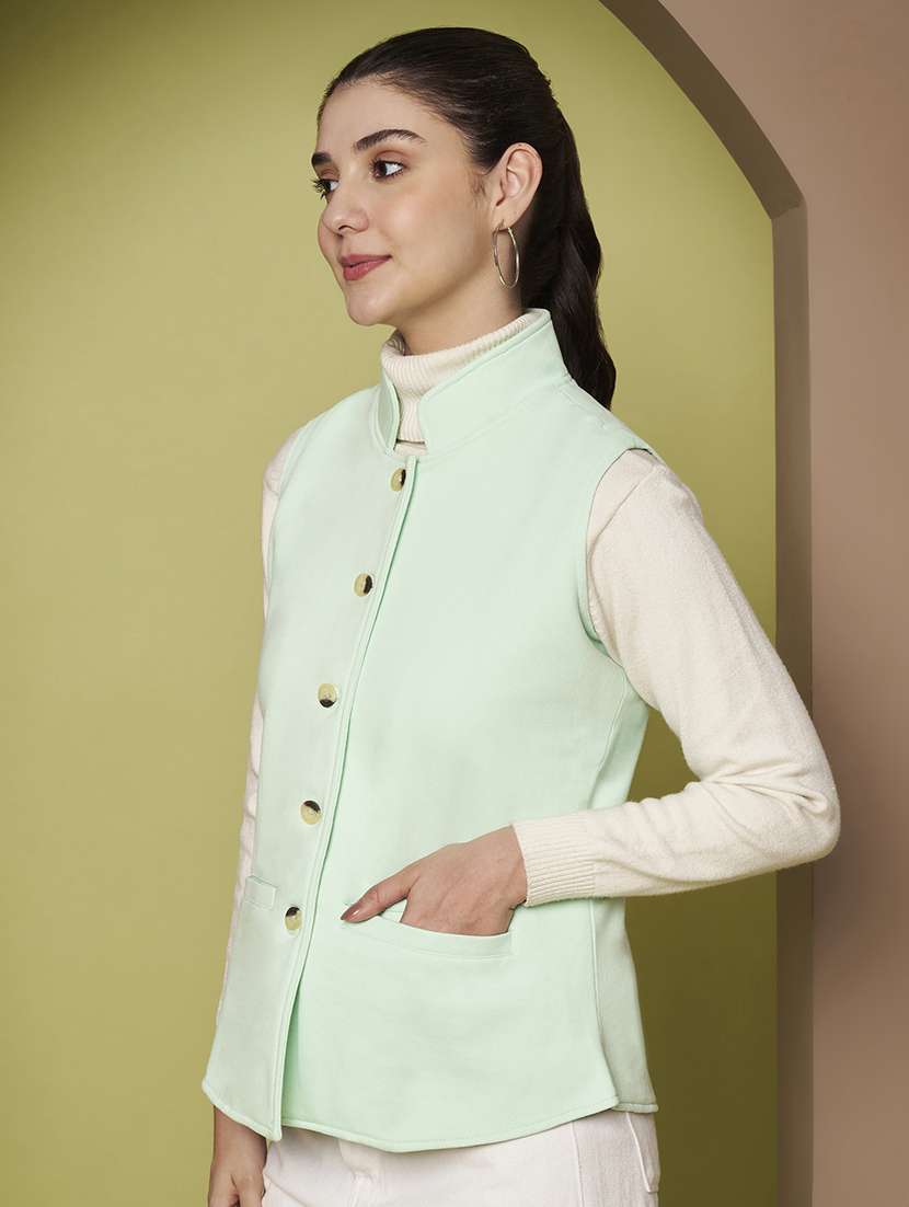 women solid sleeveless stand collar waist coat - 22265132 -  Standard Image - 2