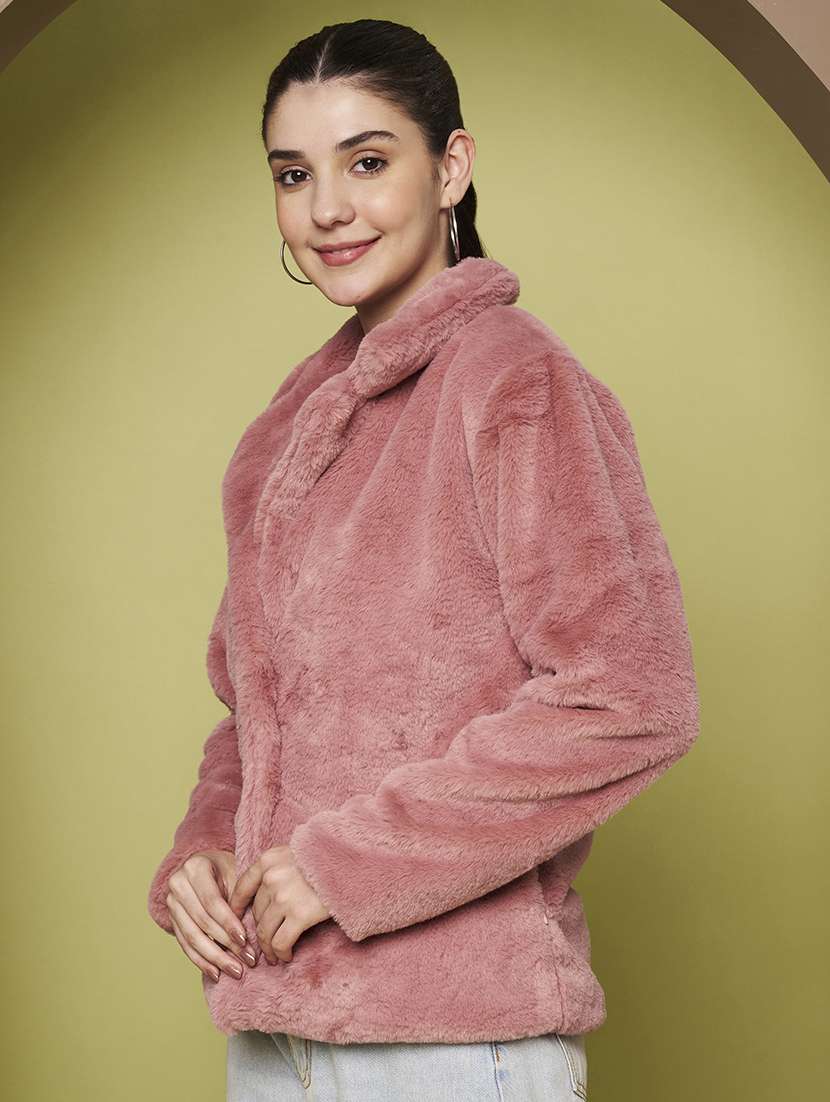 women solid lapel collar long sleeve fur coat - 22265134 -  Standard Image - 2