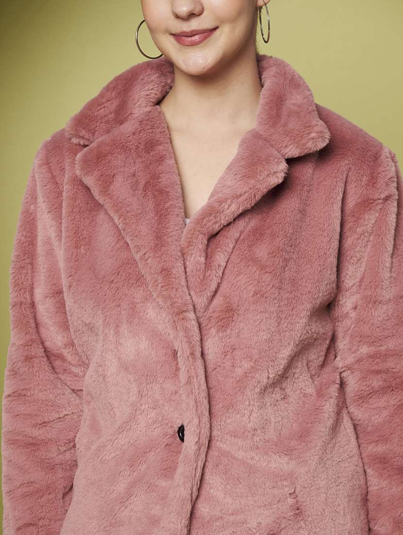 women solid lapel collar long sleeve fur coat - 22265134 -  Standard Image - 7