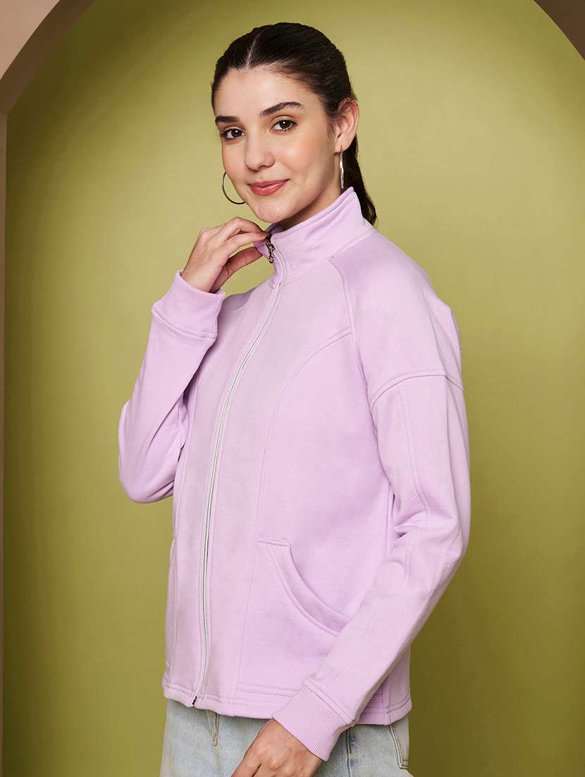 Women Solid Stand Collar Long Sleeve Jacket - 22265137 -  Standard Image - 2