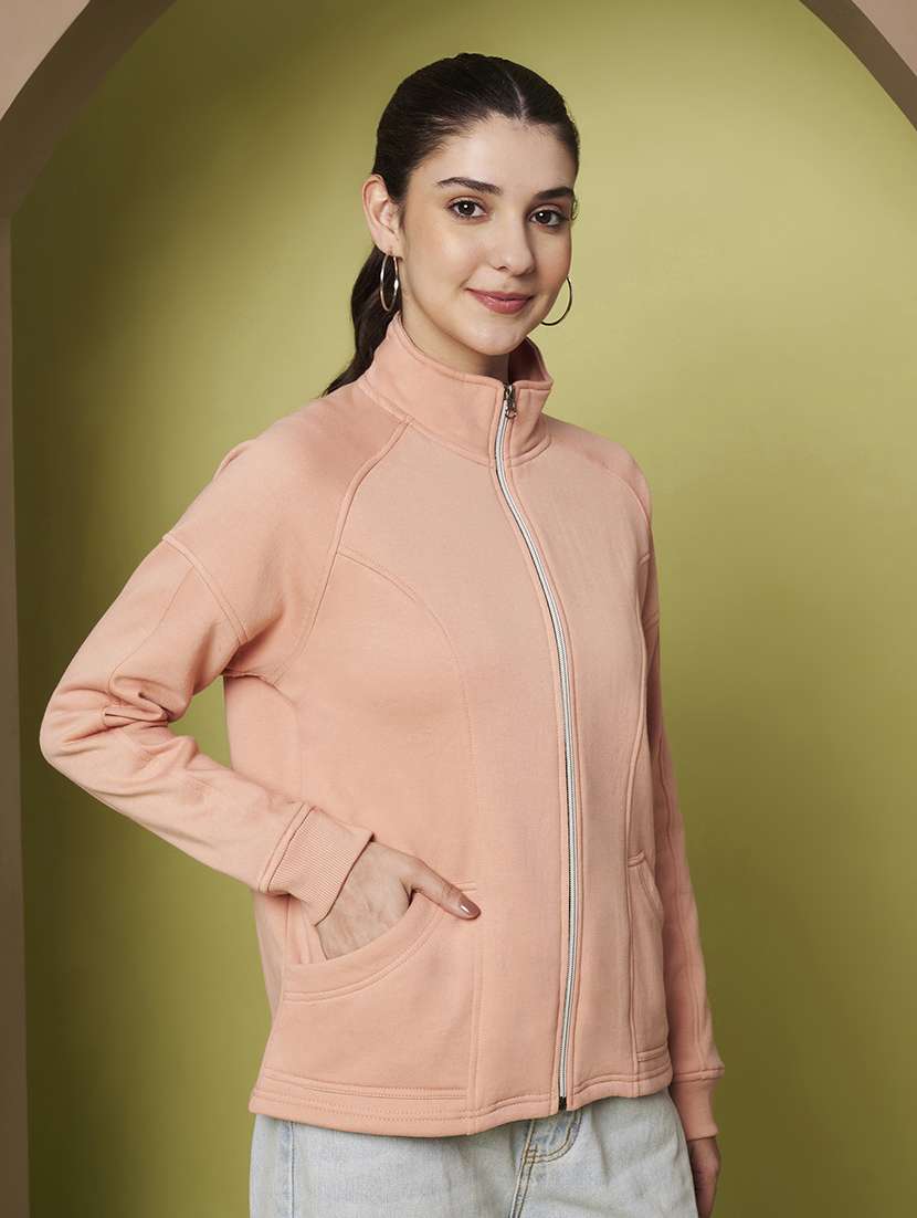 women solid stand collar long sleeve jacket - 22265138 -  Standard Image - 2