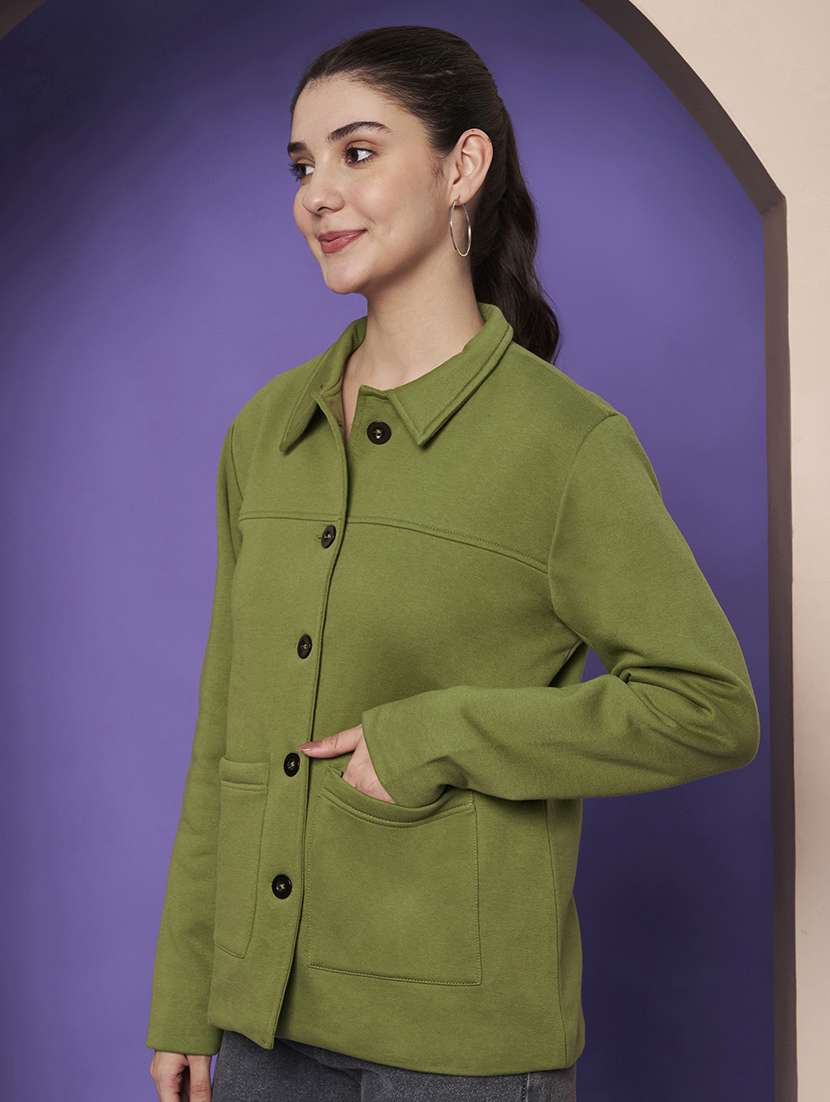 women solid collared long sleeve shacket - 22265139 -  Standard Image - 2