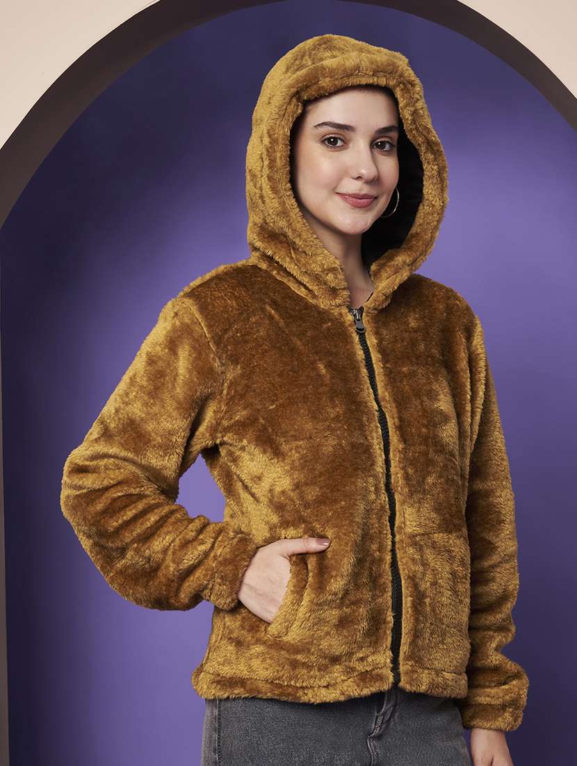 women solid hooded long sleeve fur jacket - 22265142 -  Standard Image - 2