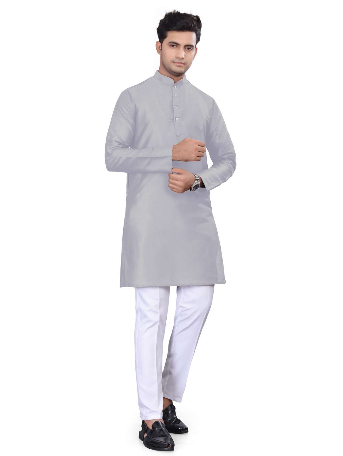 men solid mandarin neck long kurta - 22265471 -  Standard Image - 2